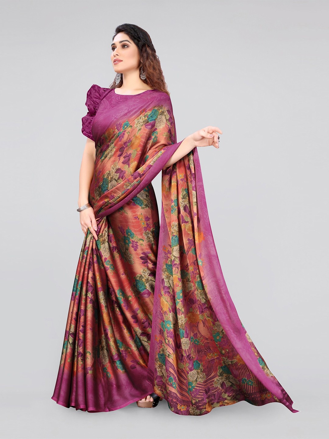 

MIRCHI FASHION Peach-Coloured & Pink Floral Poly Chiffon Saree