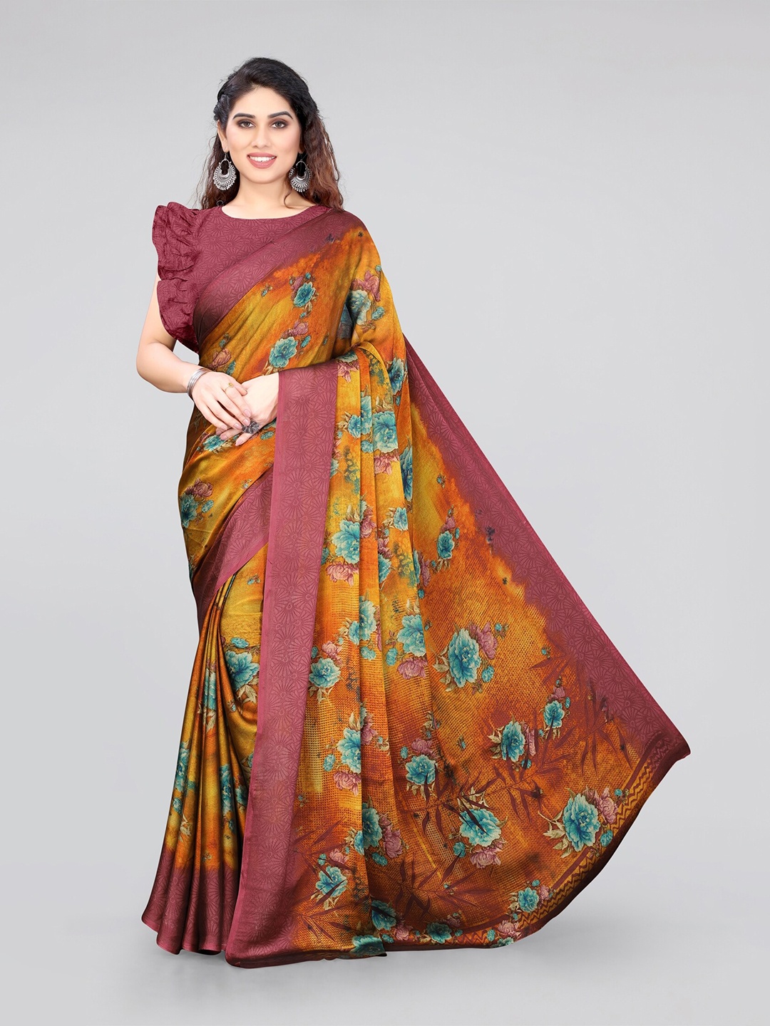 

MIRCHI FASHION Mustard & Purple Floral Poly Chiffon Saree