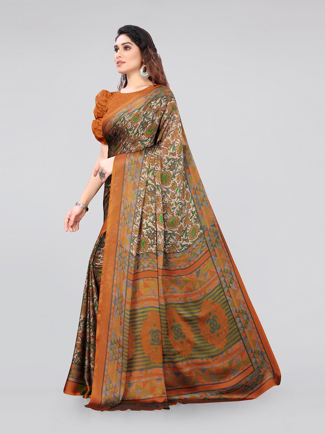 

MIRCHI FASHION Orange & Beige Floral Poly Chiffon Saree
