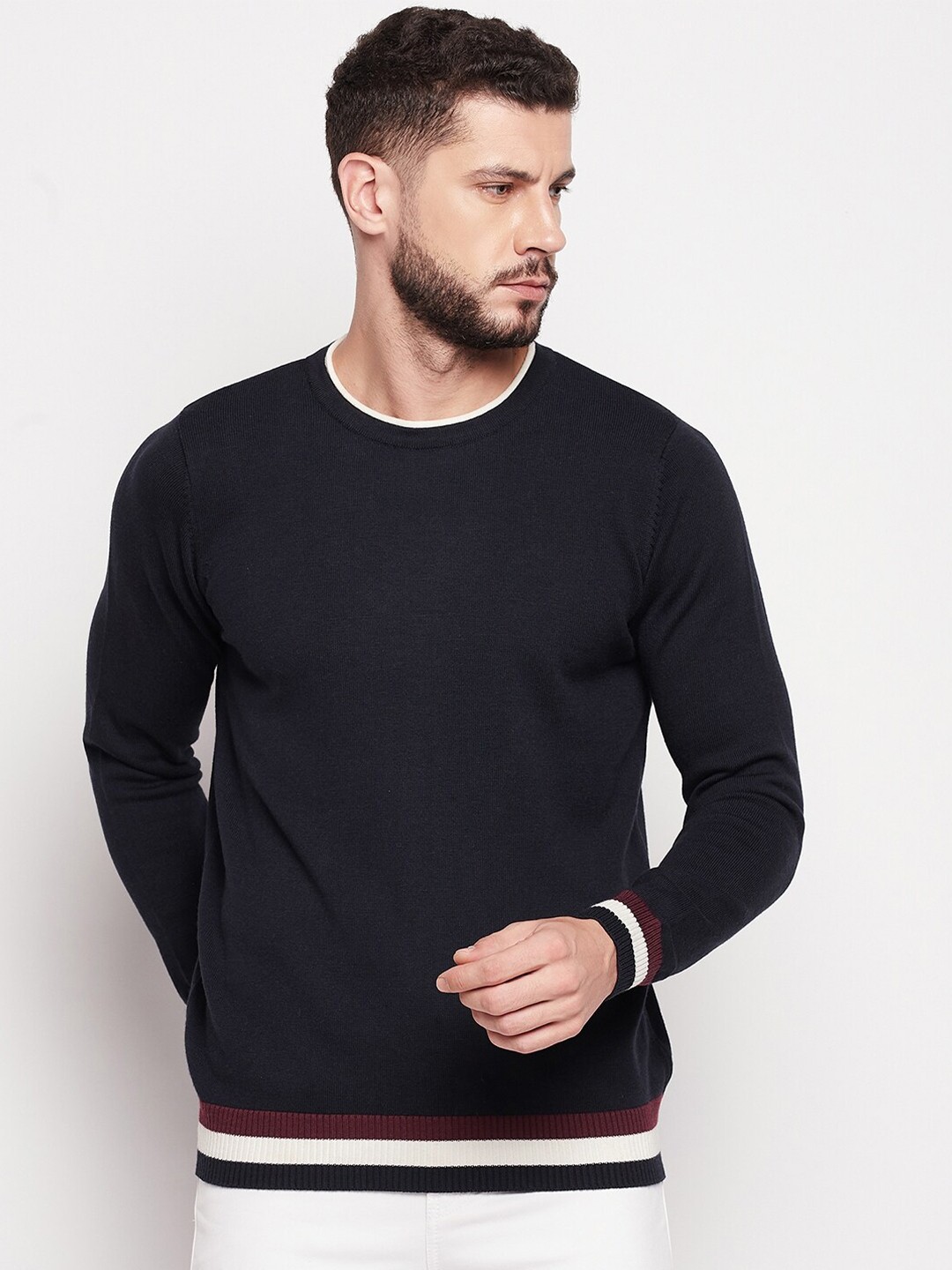 

CAMLA Men Navy Blue & White Striped Pullover