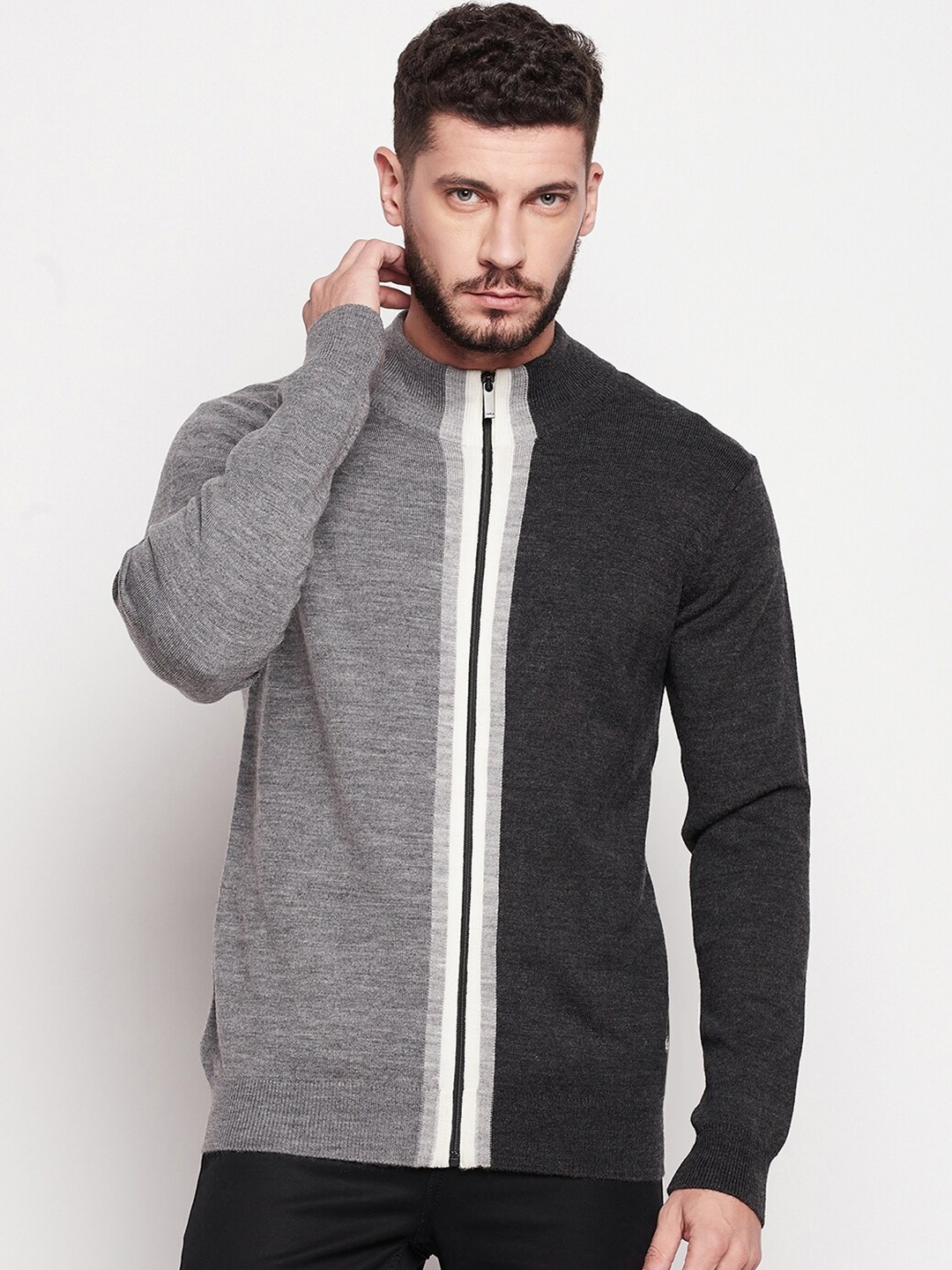 

CAMLA Men Grey & White Colourblocked Front-Open Sweater