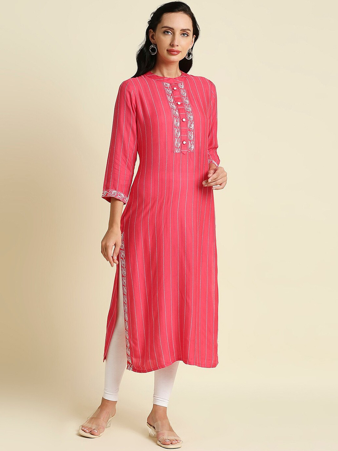 

Aanyor Women Embroidered Cold-Shoulder Sleeves Pure cotton Kurta, Pink