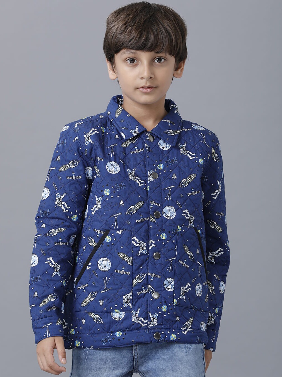 

UNDER FOURTEEN ONLY Boys Navy Blue & White Printed Tailored Jacket