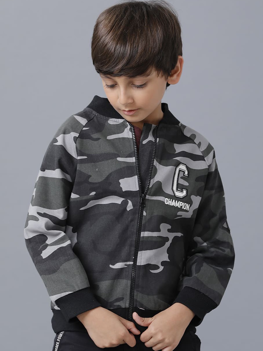 

UNDER FOURTEEN ONLY Boys Grey Black Camouflage Printed Bomber Jacket