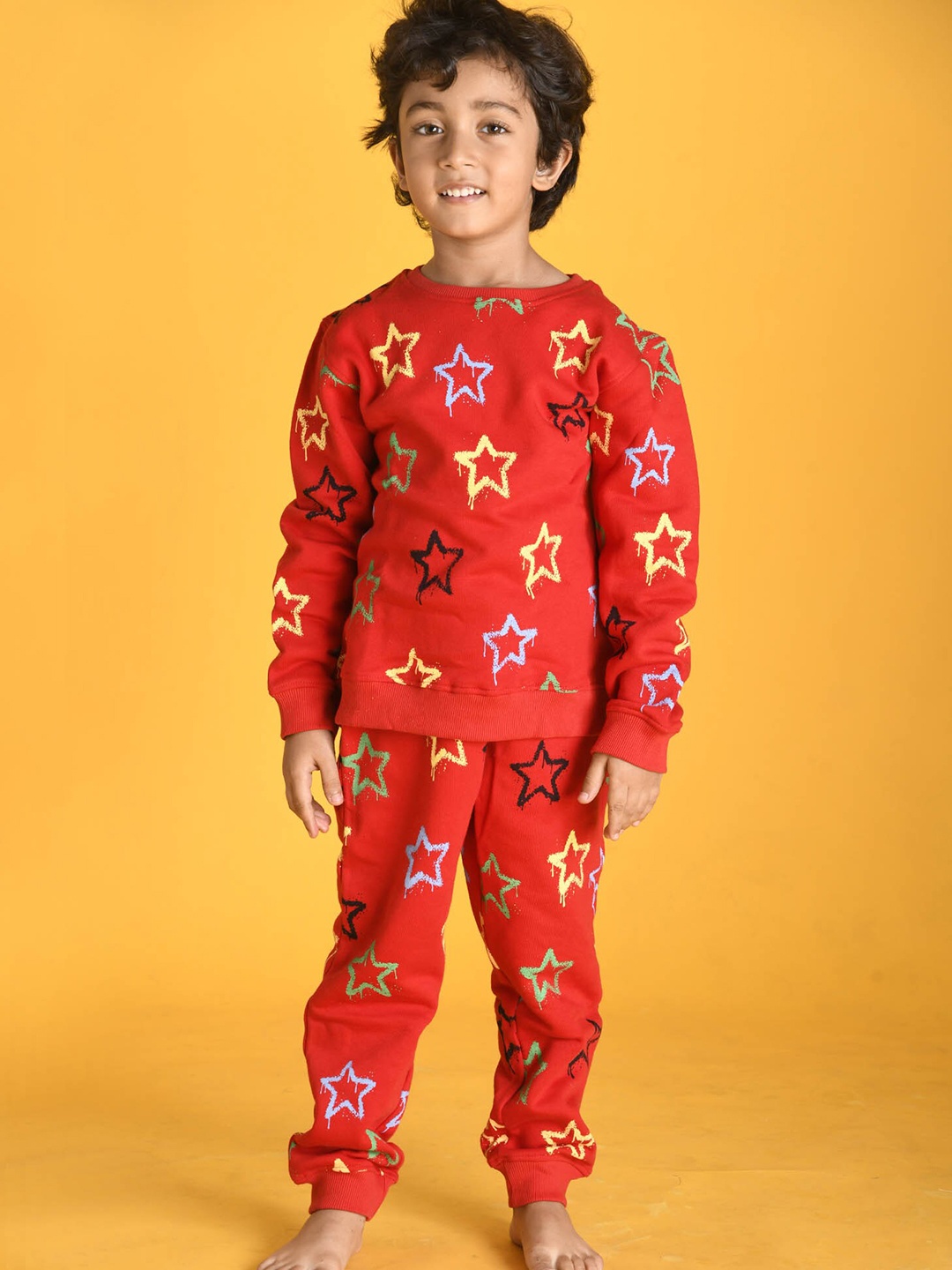 

Anthrilo Boys Red & Yellow Star Printed Fleece Sweatshirt & Joggers
