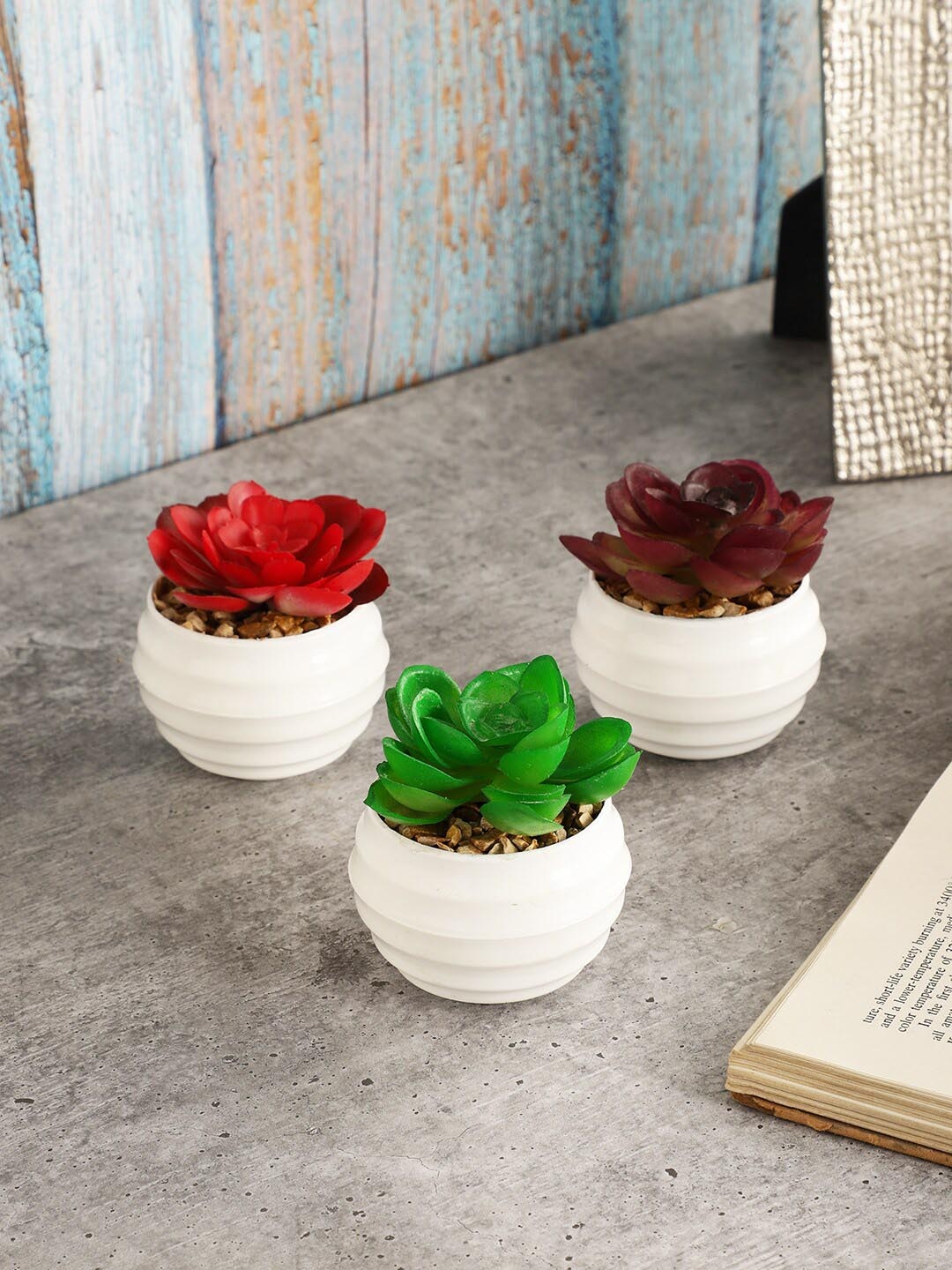 

FOLIYAJ Set Of 3 Artificial Succulent Plants With Pots, Green