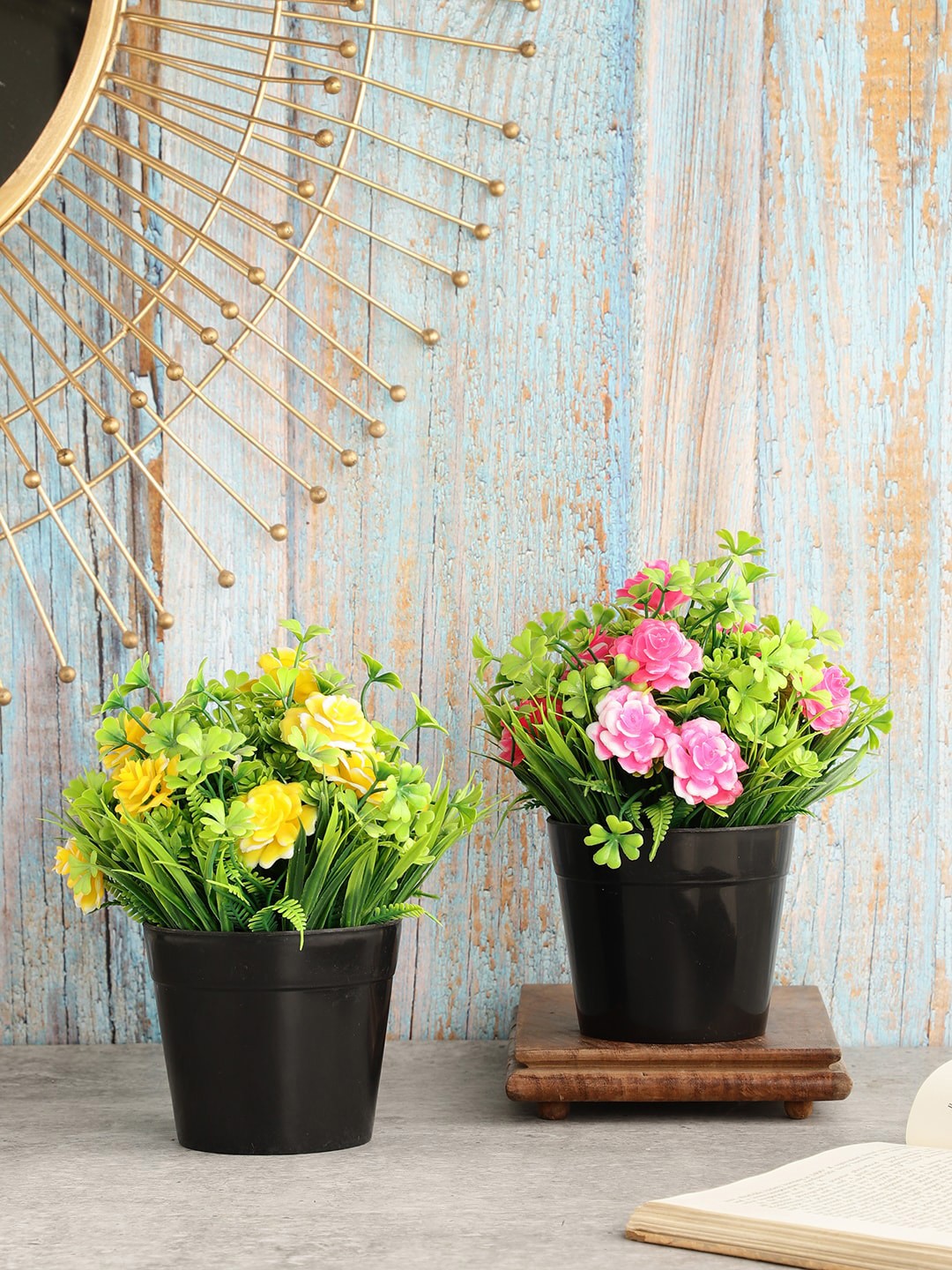 

FOLIYAJ Set Of 2 Solid Artificial Flowers and Plants With Pot, Green