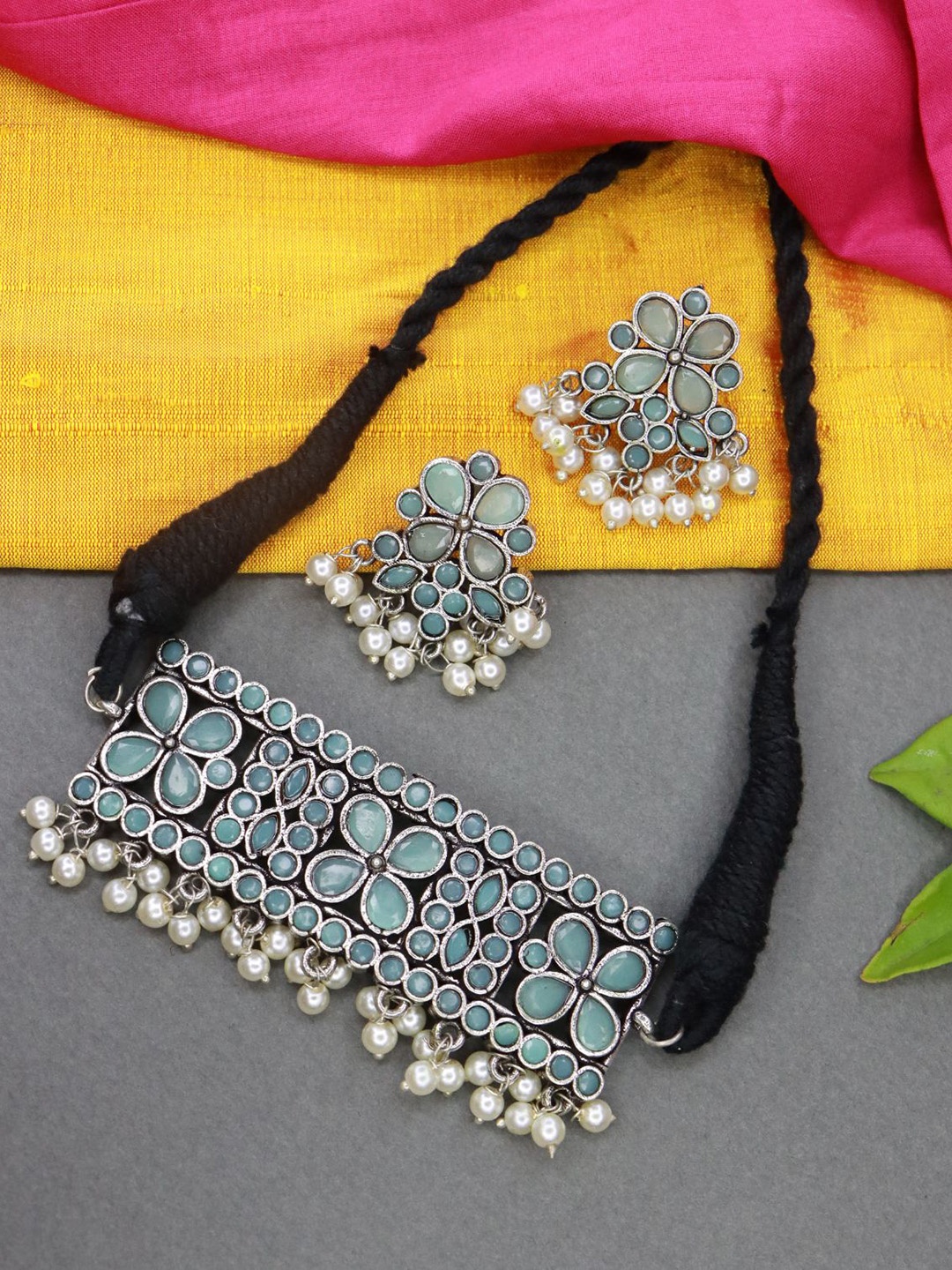 

I Jewels Silver-Plated Oxidized Stone-Studded Jewellery Set, Turquoise blue