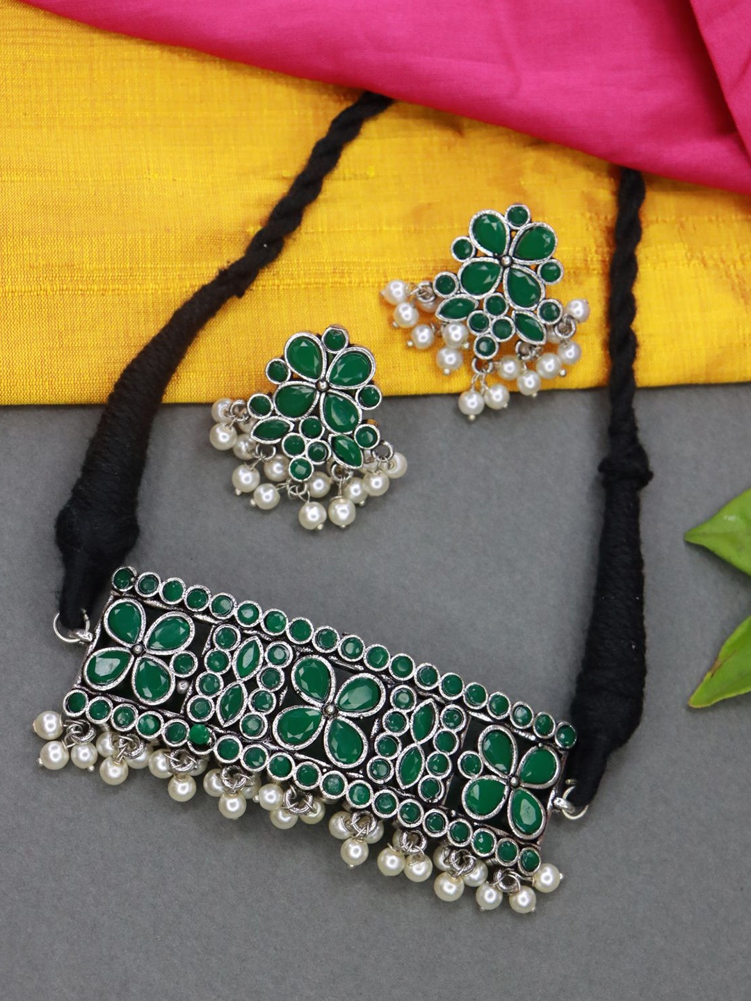 

I Jewels Oxidised Silver-Plated Stone Studded & Beaded Jewellery Set