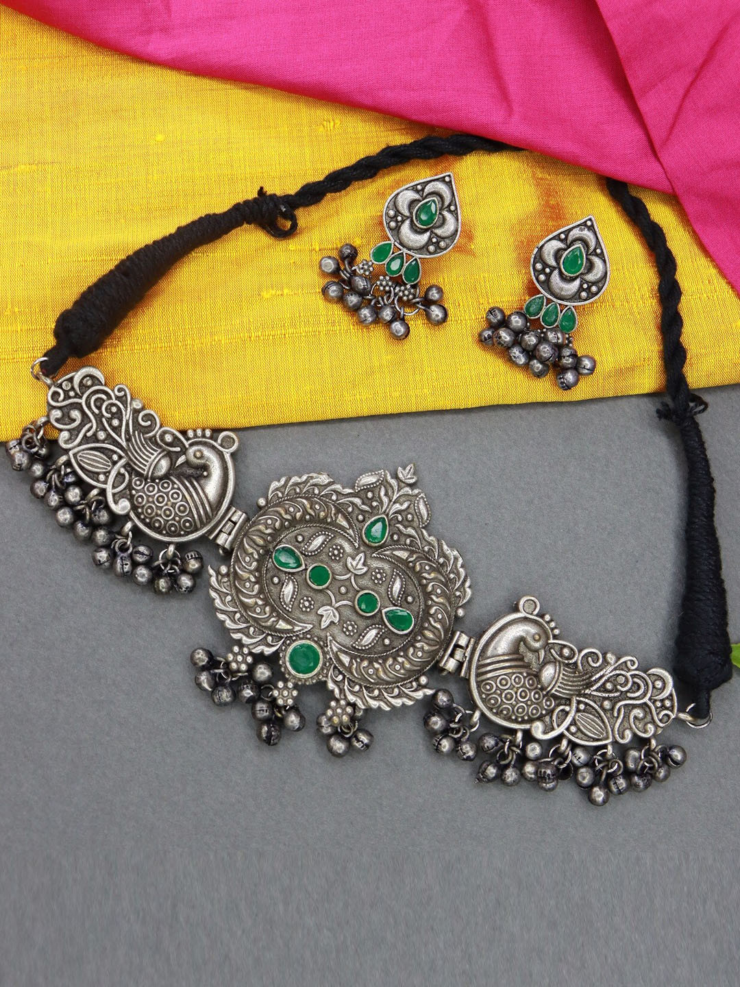 

I Jewels Silver-Plated Stone-Studded Oxidized Jewellery Set