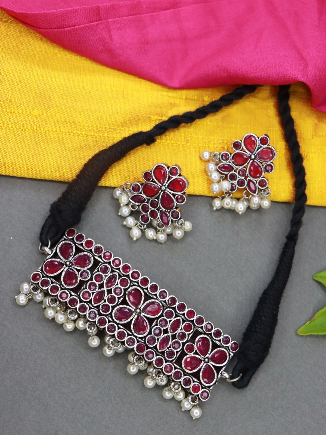 

I Jewels Silver-Plated & Toned Stone Studded Jewellery Set