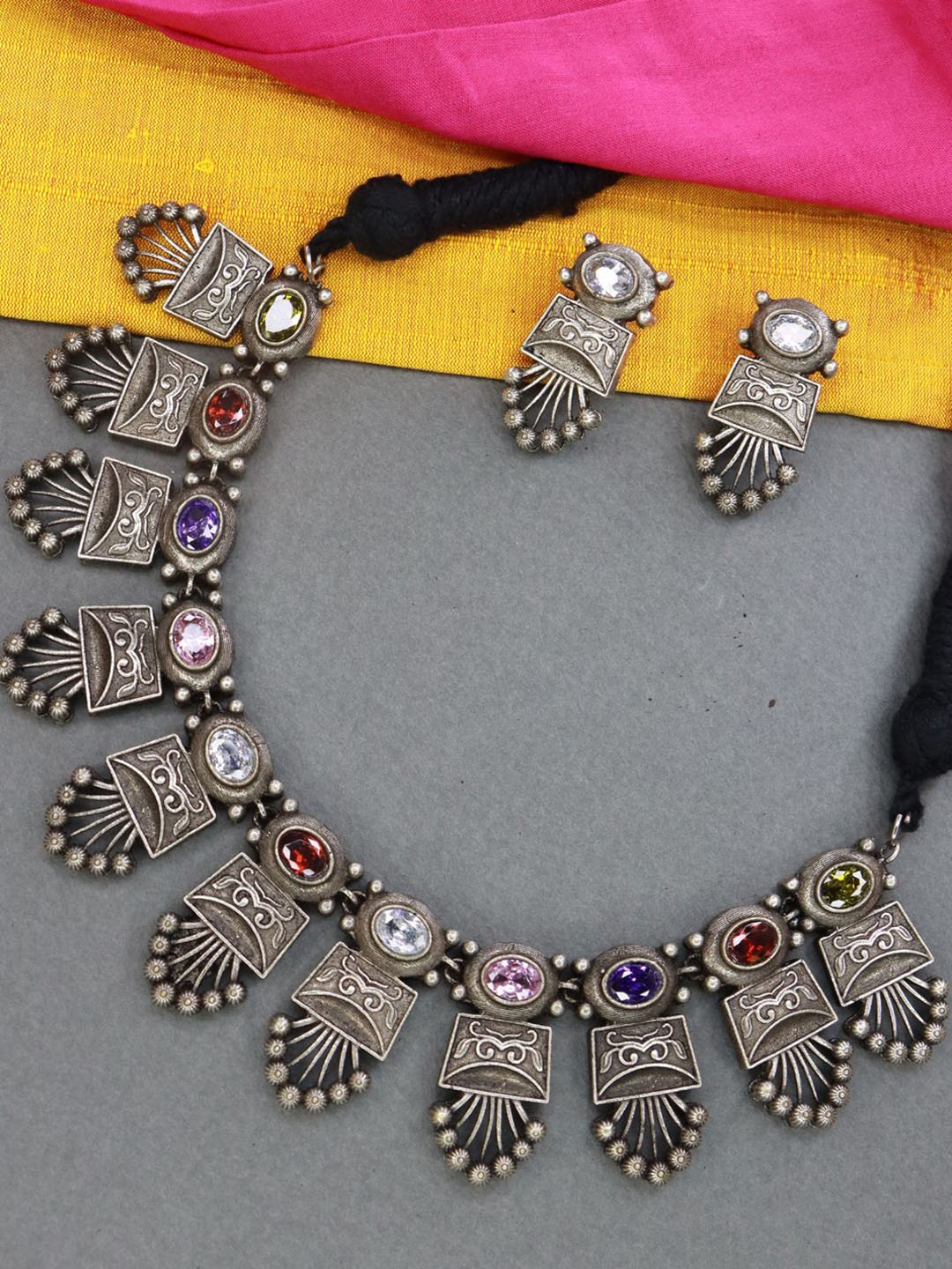 

I Jewels Oxidized Silver-Plated Ruby Stone-Studded Jewellery Set
