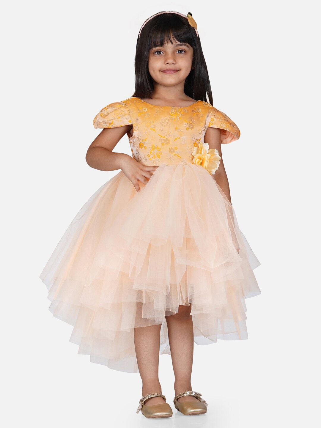 

Toy Balloon kids Peach-Coloured Floral Printed Net Dress