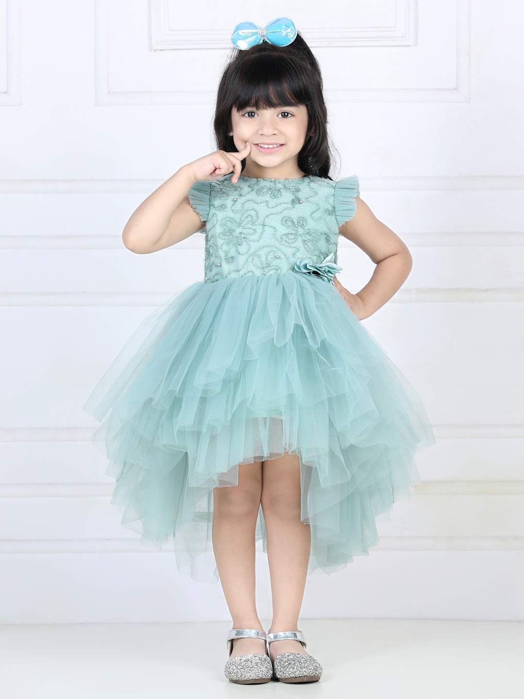 

Toy Balloon kids Girls Floral Embroidered Applique Net Layered Dress, Sea green