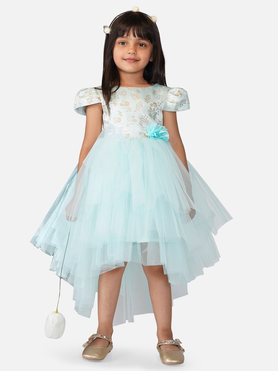 

Toy Balloon kids Girls Printed Net High-Low Midi Dress, Blue