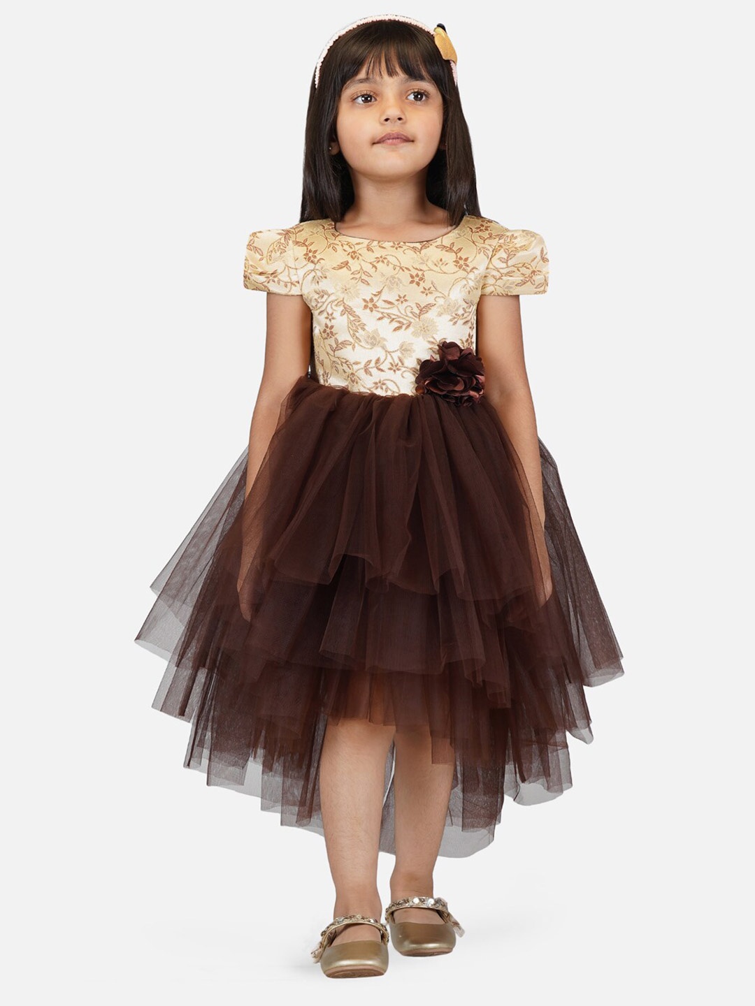 

Toy Balloon kids Girls Printed Hi- Low Fit & Flare Net Dress, Brown