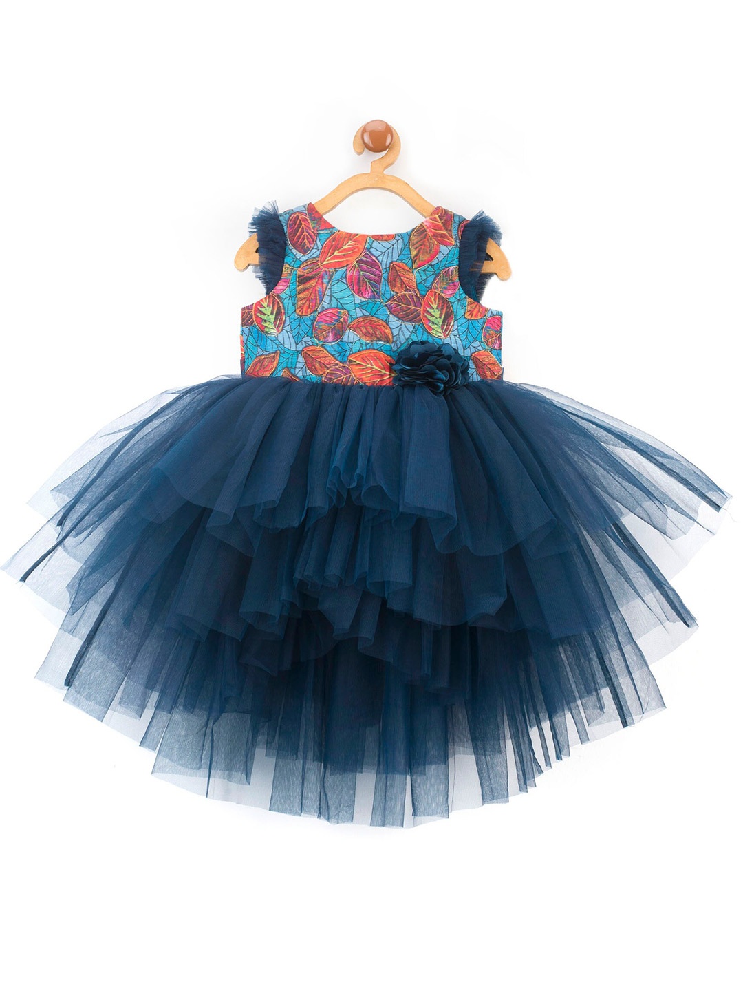 

Toy Balloon kids Girls Leaf Printed Hi- Low Fit & Flare Net Dress, Blue