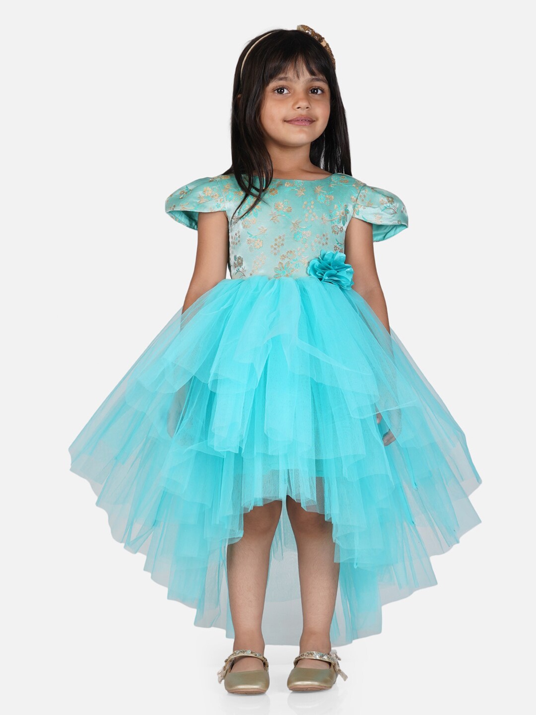 

Toy Balloon kids Girls Floral Net Hi- Low Fit & Flare Dress, Turquoise blue