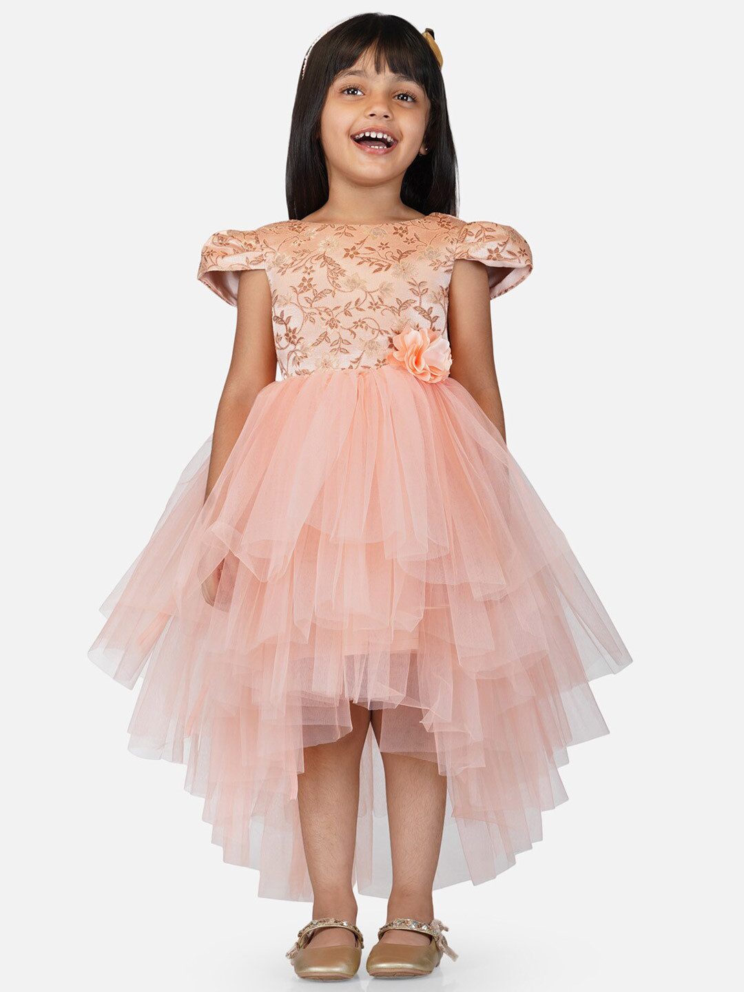 

Toy Balloon kids Girls Hi- Low Fit & Flare Net Dress, Peach