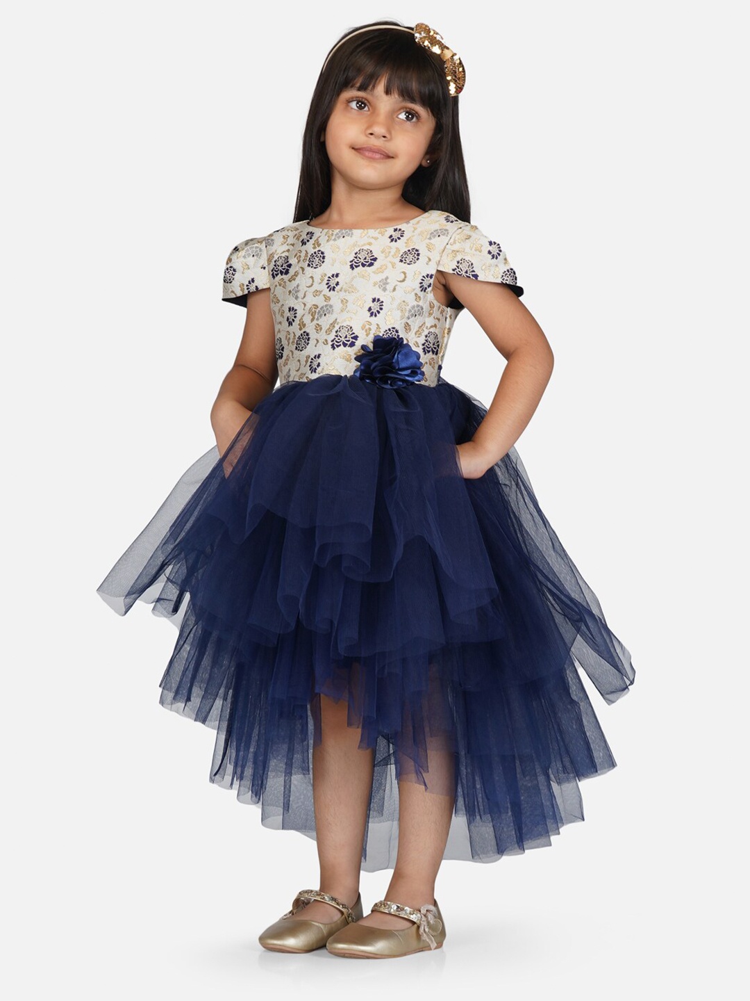 

Toy Balloon kids Girls Floral Printed Hi- Low Fit & Flare Net Dress, Navy blue