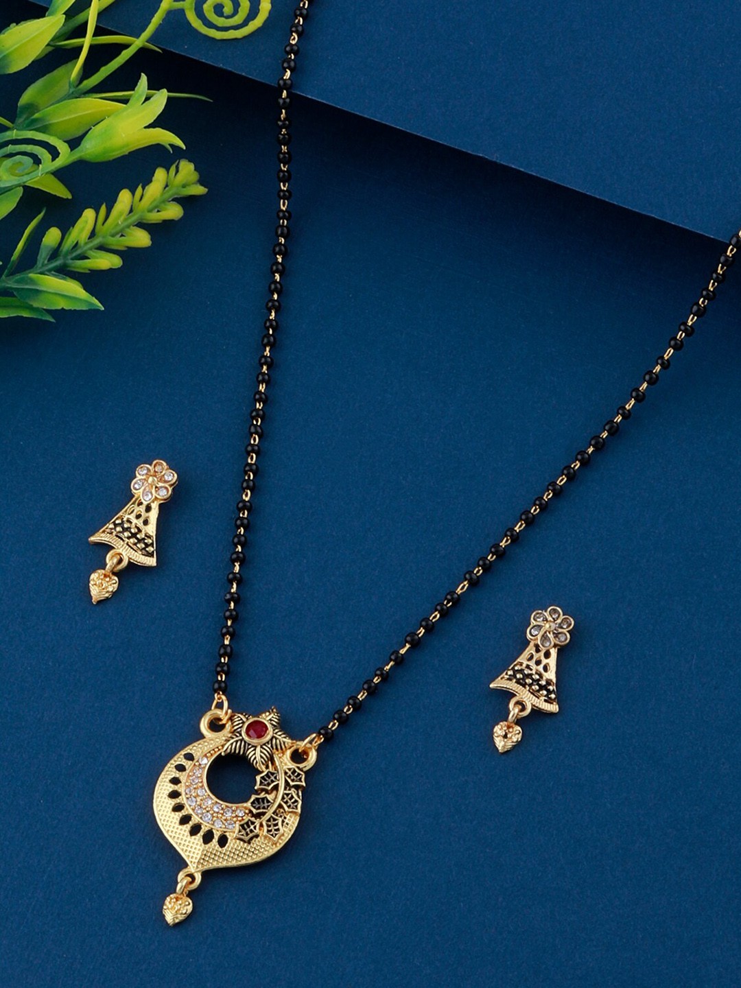 

Silver Shine Stone-Studded & Beaded Mangalsutra Set With Earrings, Gold