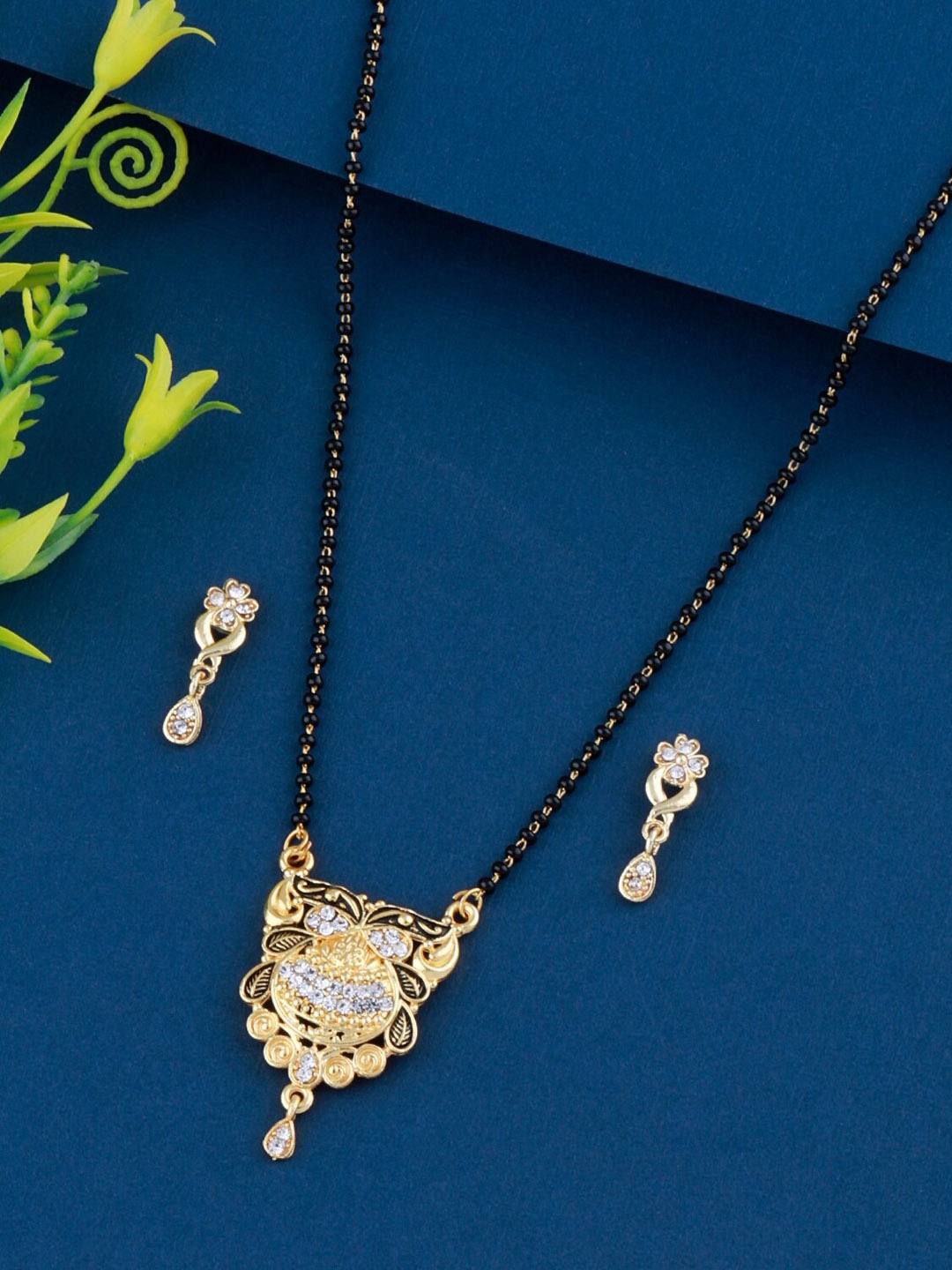 

Silver Shine Gold-Plated & Stone-Studded Mangalsutra With Earring