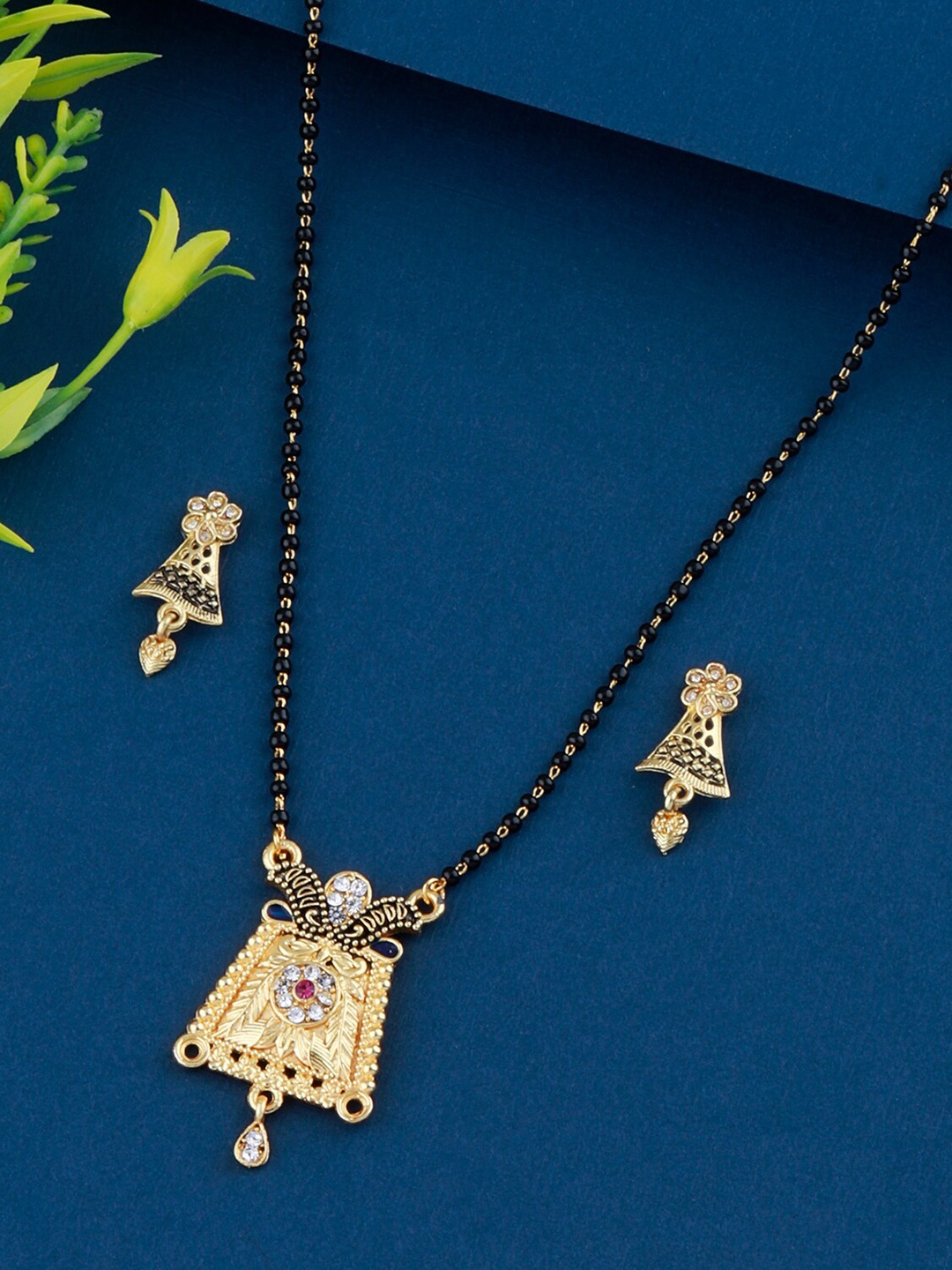 

Silver Shine Gold-Plated Beaded Mangalsutra With Earrings