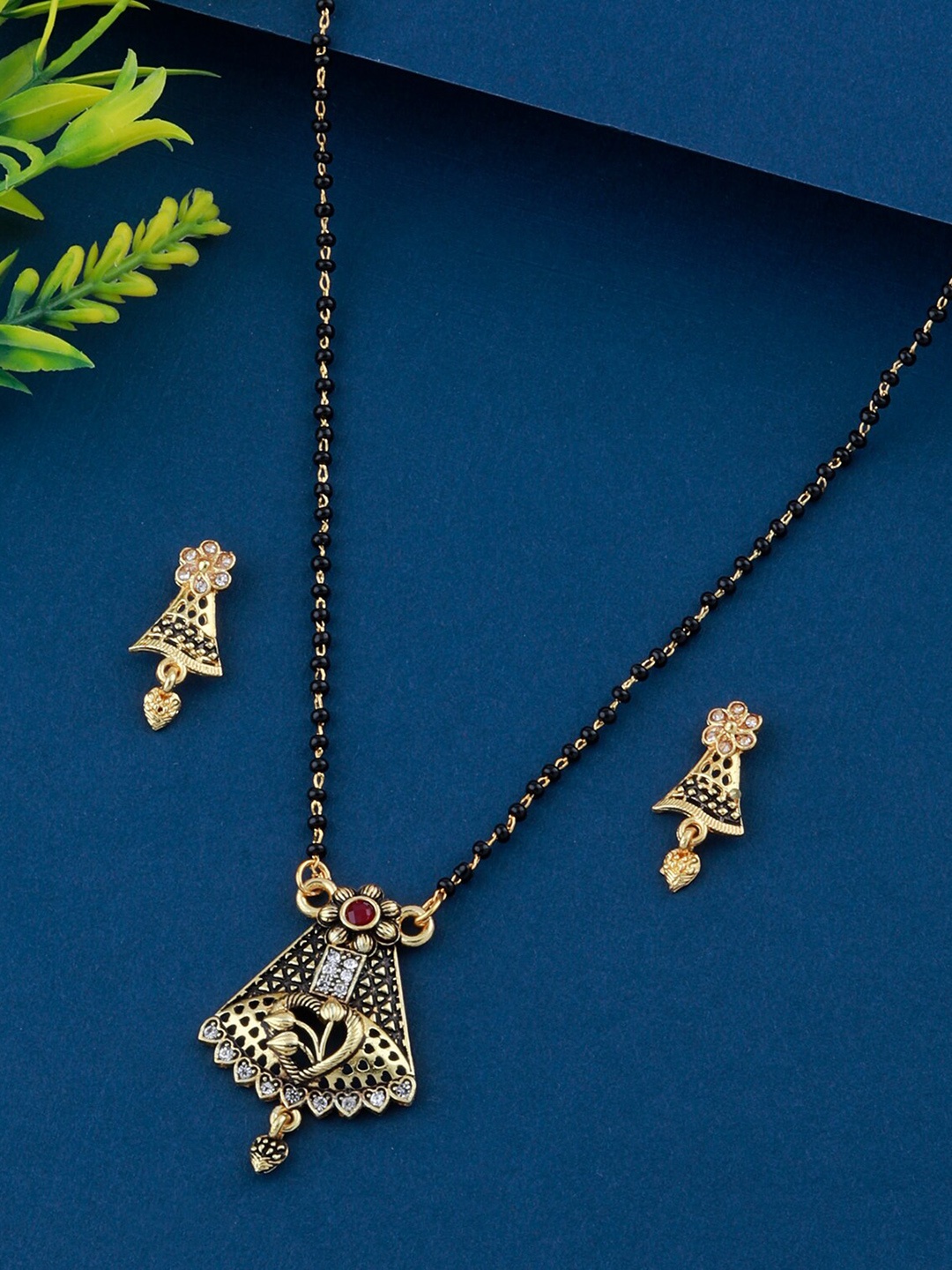 

Silver Shine Gold-Plated AD Studded Mangalsutra With Earrings