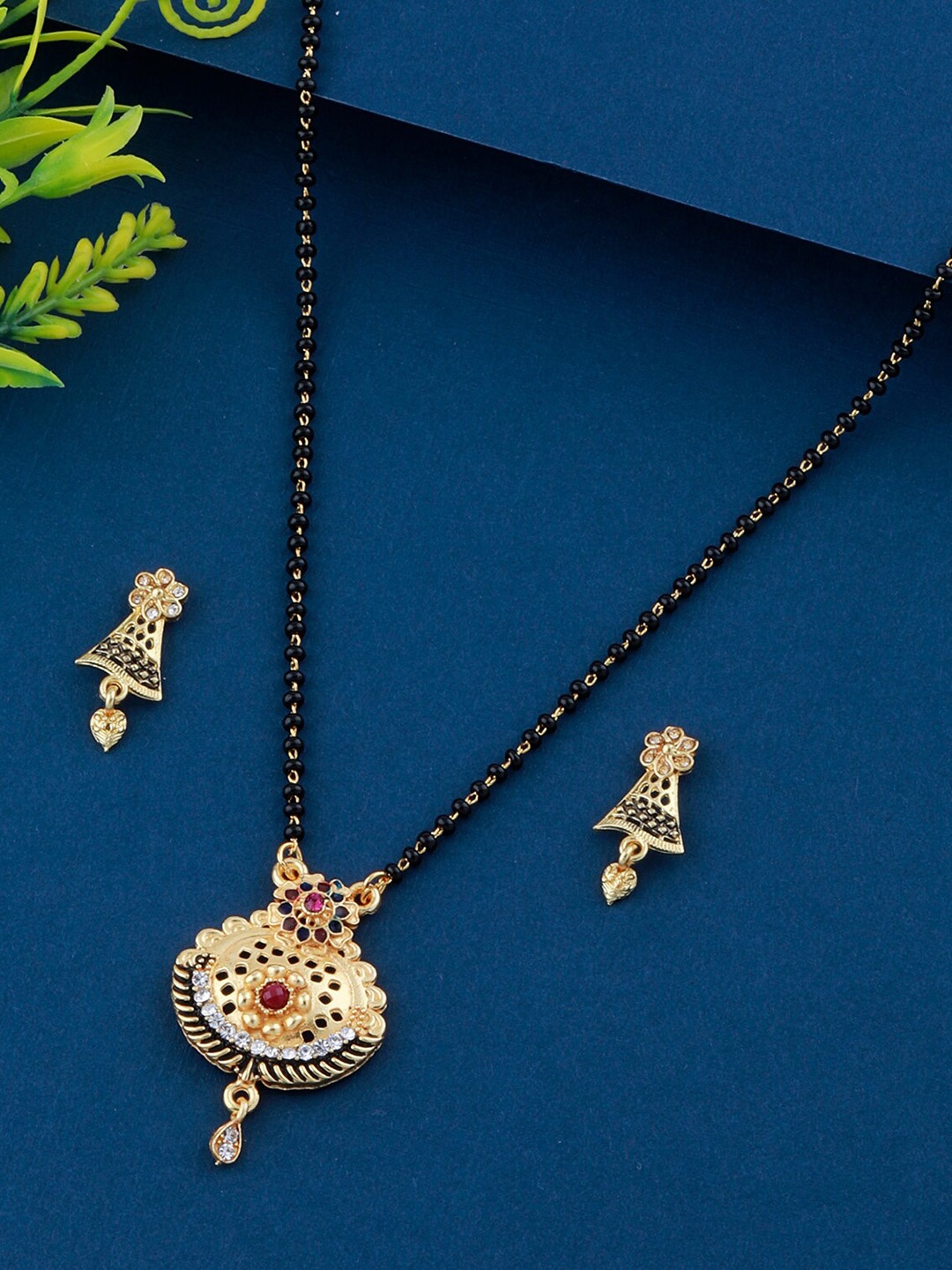 

Silver Shine Gold-Plated & Stone-Studded Mangalsutra With Earrings