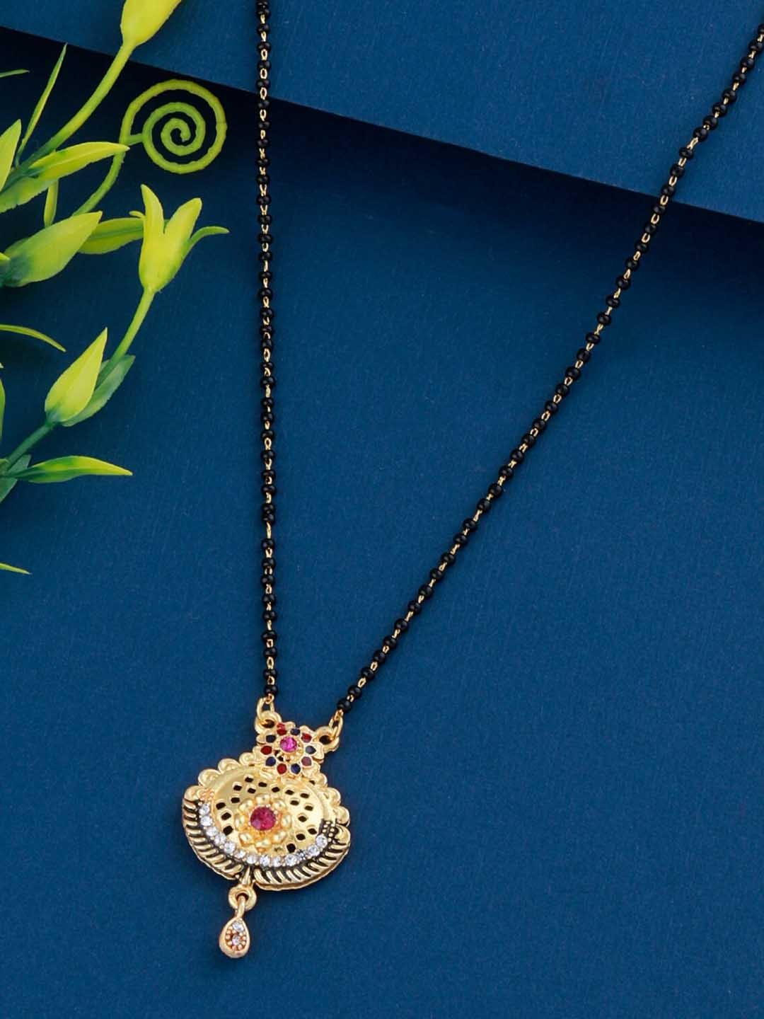 

Silver Shine Gold-Plated Stone-Studded & Beaded Mangalsutra Set