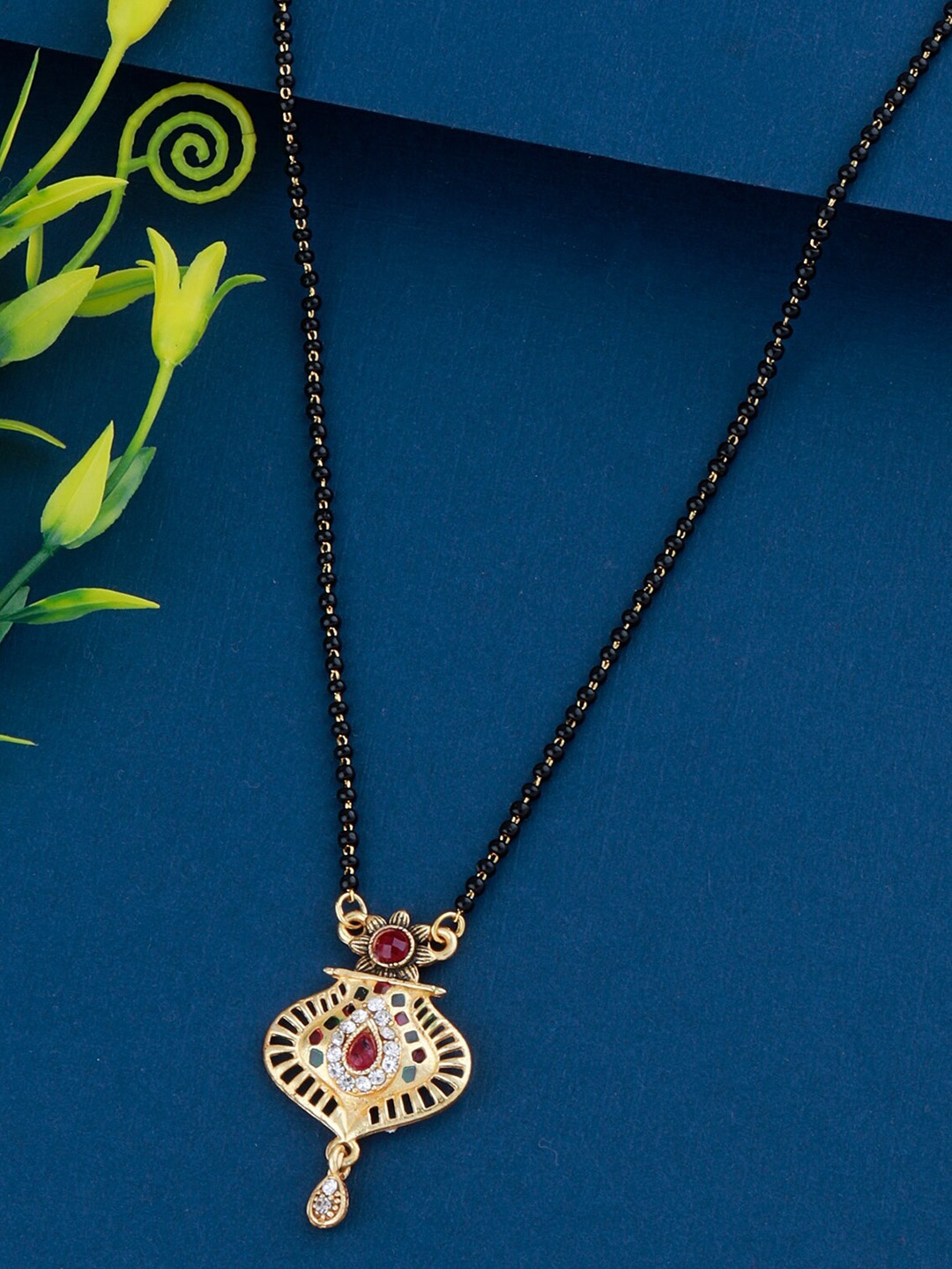 

Silver Shine Gold-Plated Stone Studded & Beaded Mangalsutra With Earrings