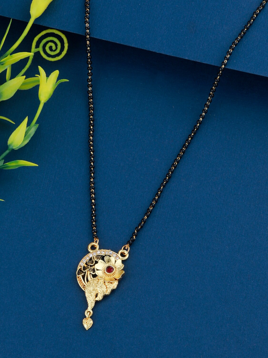 

Silver Shine Gold-Plated Stone Studded & Beaded Flower Design Mangalsutra