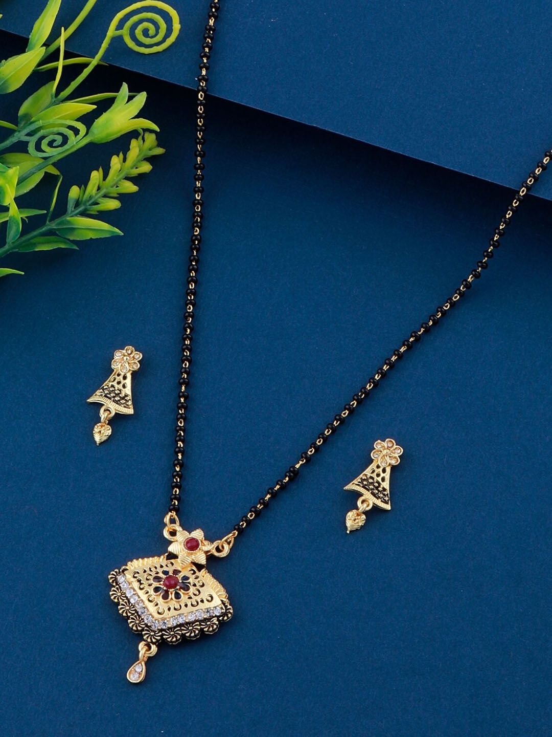 

Silver Shine Gold-Plated Stone Studded & Beaded Mangalsutra With Earrings