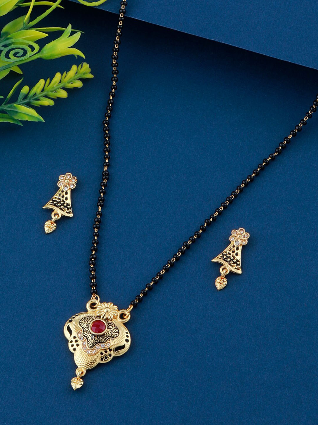 

Silver Shine Gold-Plated & Toned Black Beaded & Stones-Studded Mangalsutra Set