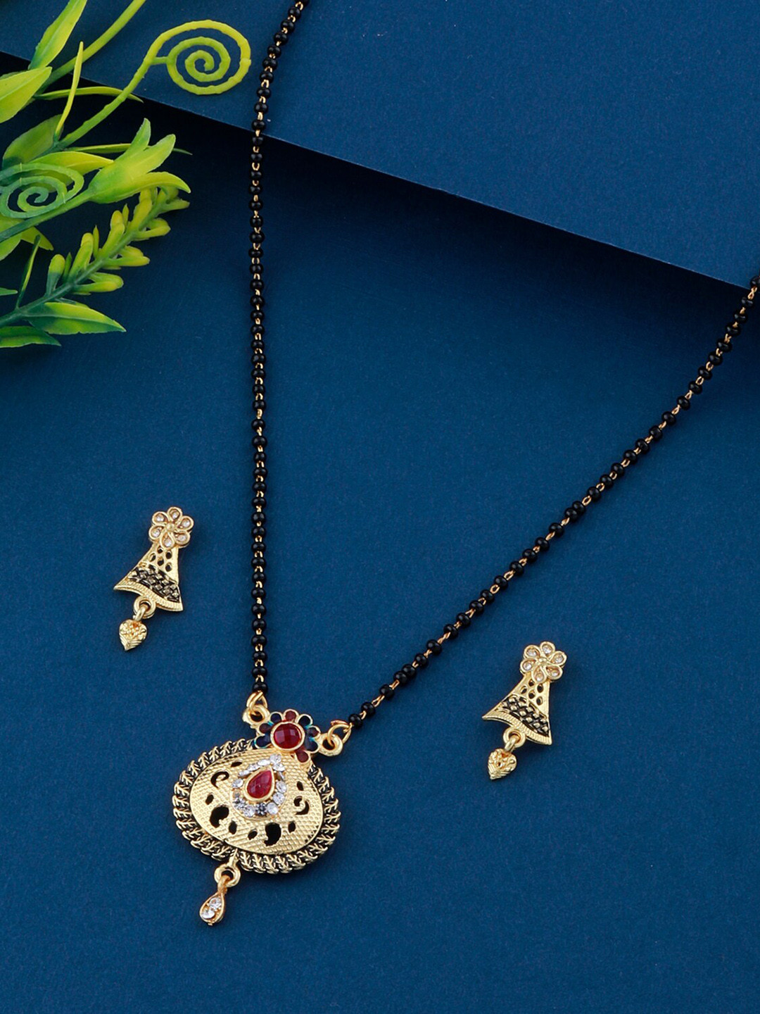 

Silver Shine Gold-Plated & Red Diamond-Studded Mangalsutra Set