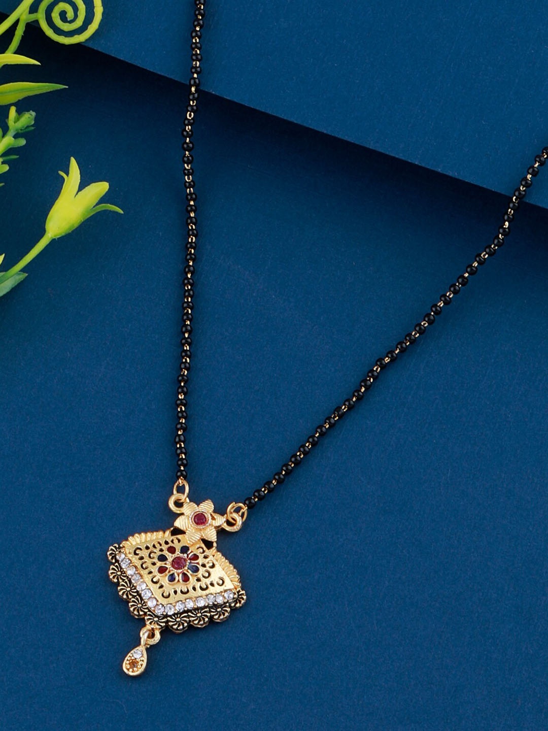 

Silver Shine Gold-Plated Red & White Diamond-Studded & Beaded Mangalsutra Set