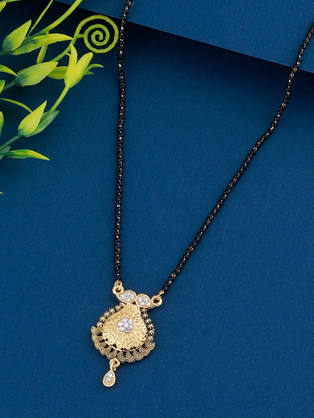 

Silver Shine Gold-Plated Stone-Studded & Beaded Mangalsutra Set