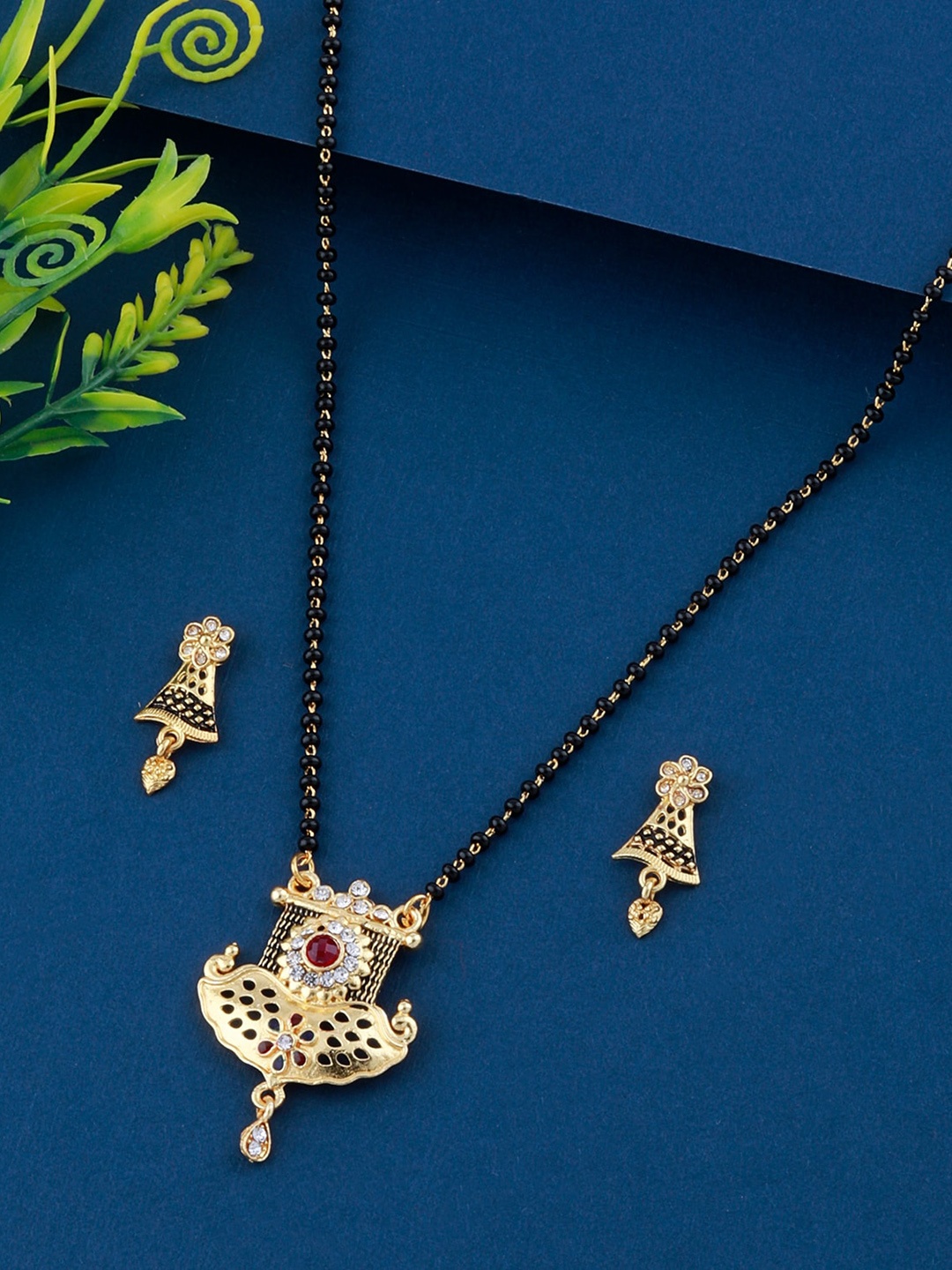 

Silver Shine Gold-Plated Black & White Stone Studded & Beaded Mangalsutra With Earrings