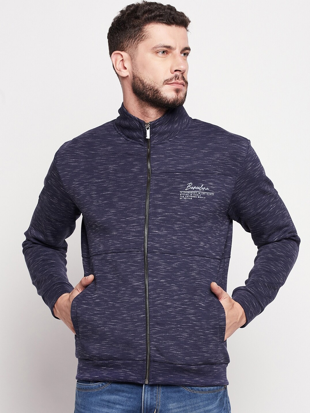 

CAMLA Men High Neck Front Open Sweatshirt, Navy blue