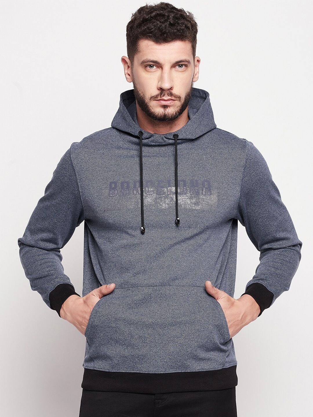 

CAMLA Men Applique Printed Hooded Sweatshirt, Navy blue