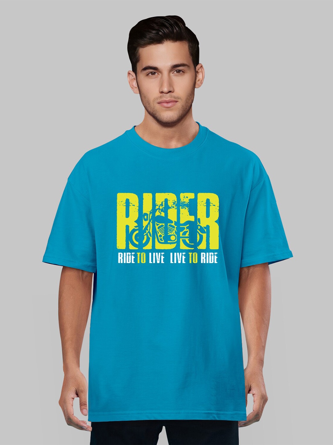 Pootlu Men Turquoise Blue Printed Pure Cotton Oversized T-shirt
