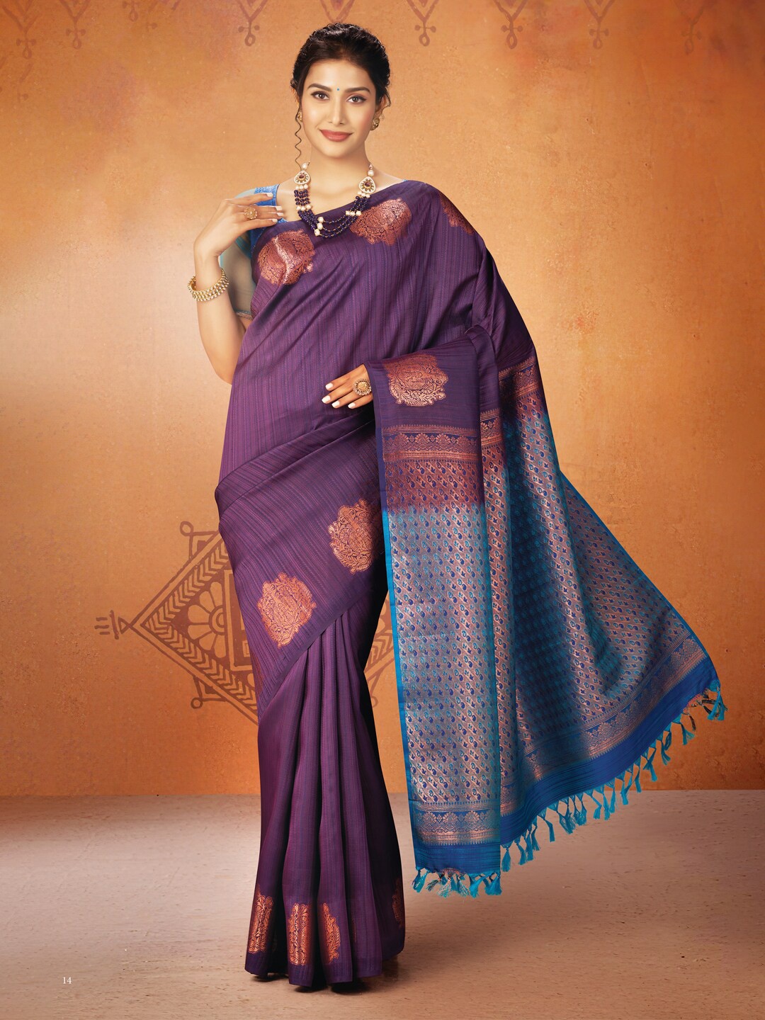 

SAMUDRIKA PATTU Violet & Copper-Toned Woven Design Zari Pure Silk Kanjeevaram Saree