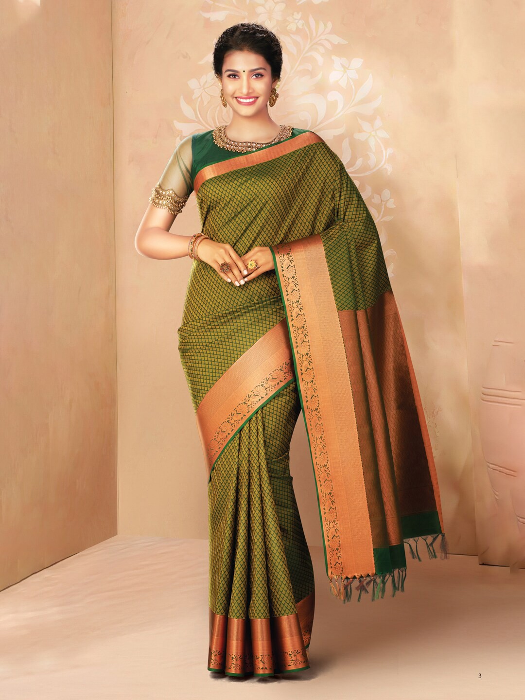 

SAMUDRIKA PATTU Olive Green & Copper-Toned Ethnic Motifs Zari Pure Silk Kanjeevaram Saree