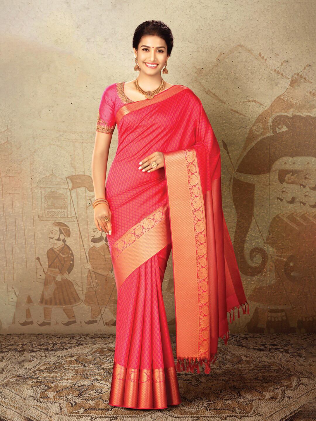 

SAMUDRIKA PATTU Pink & Gold-Toned Ethnic Motifs Zari Pure Silk Kanjeevaram Saree