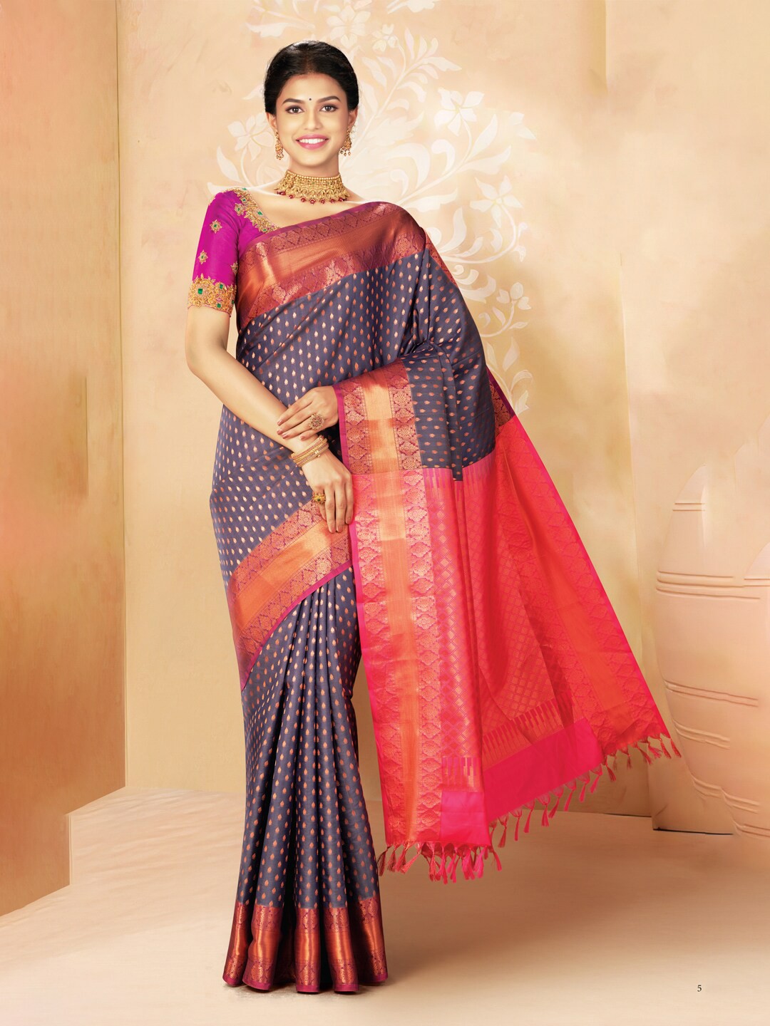 

SAMUDRIKA PATTU Grey & Pink Ethnic Motifs Zari Pure Silk Kanjeevaram Saree