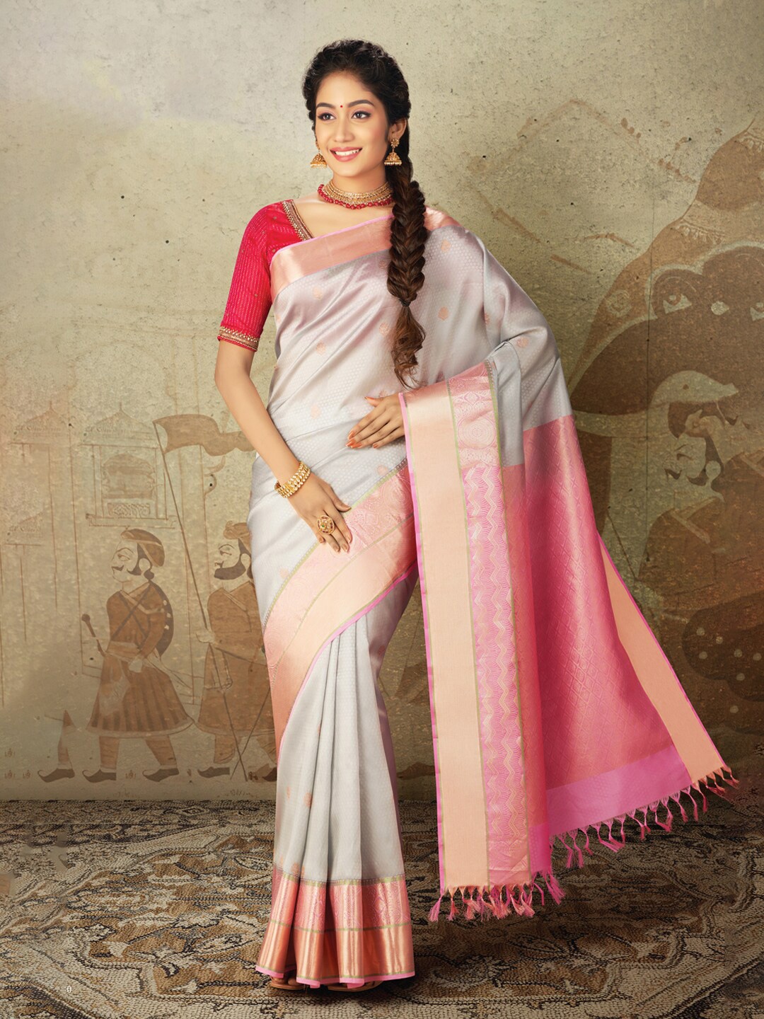 

SAMUDRIKA PATTU Grey & Pink Ethnic Motifs Zari Pure Silk Kanjeevaram Saree