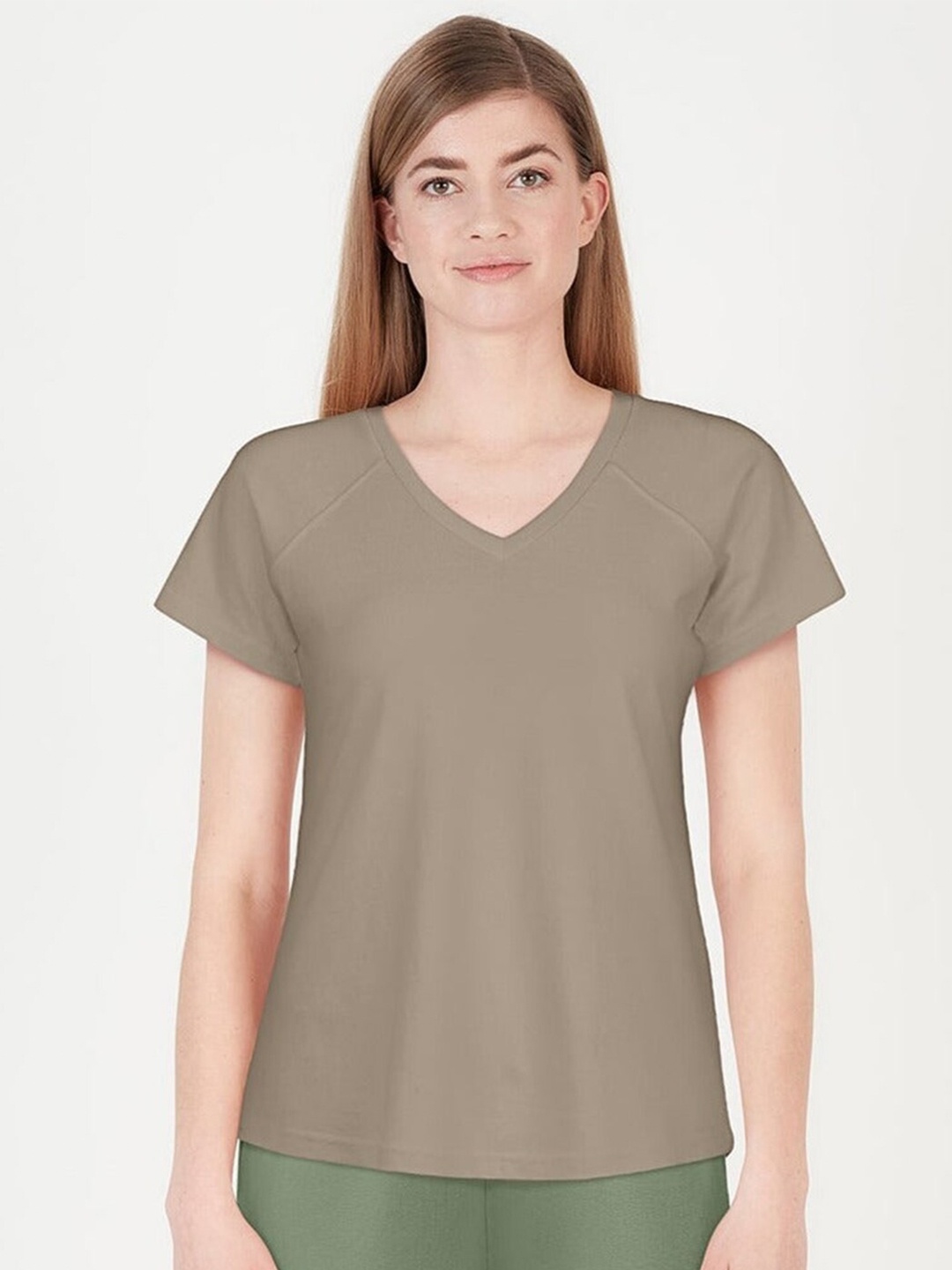 

Saltpetre Women Taupe V-Neck Organic Cotton T-shirt