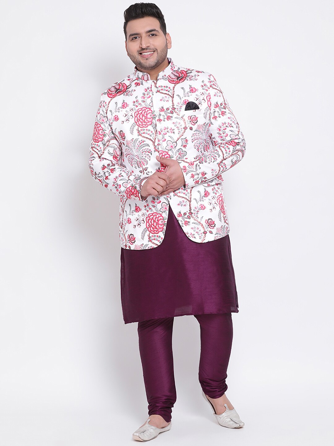 

Hangup Men Silk Floral Print Kurta with Churidar & Ethnic Jacket, White