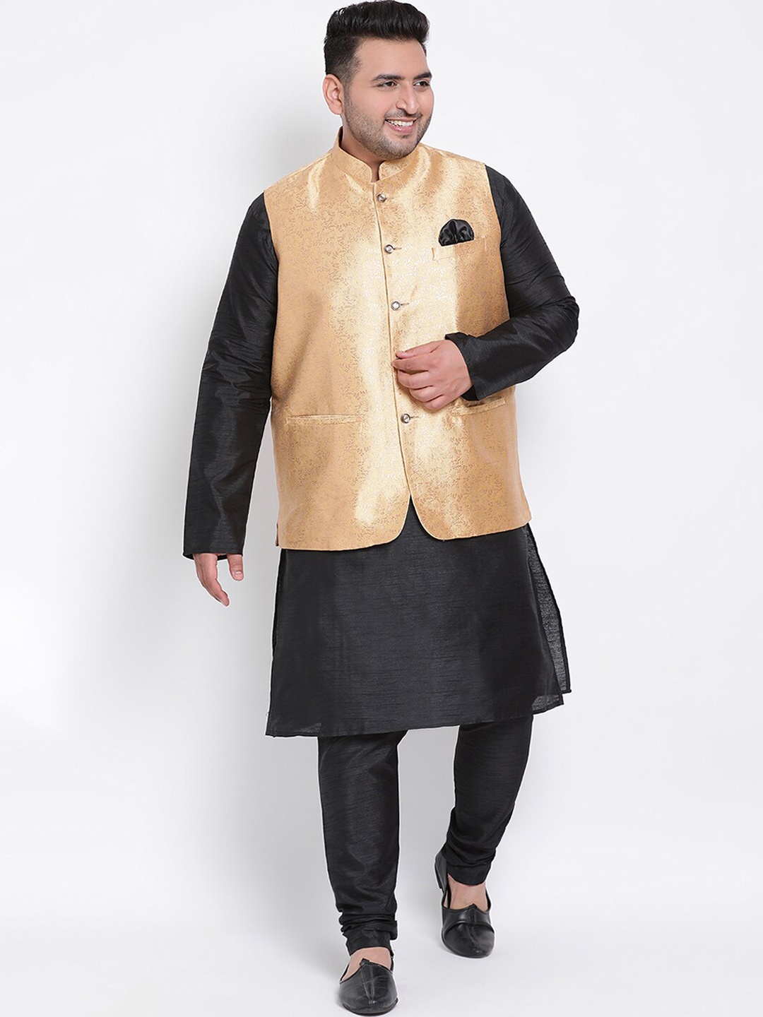 

Hangup Men Plus Size Raw Silk Kurta with Pyjama & Nehru Jacket, Black