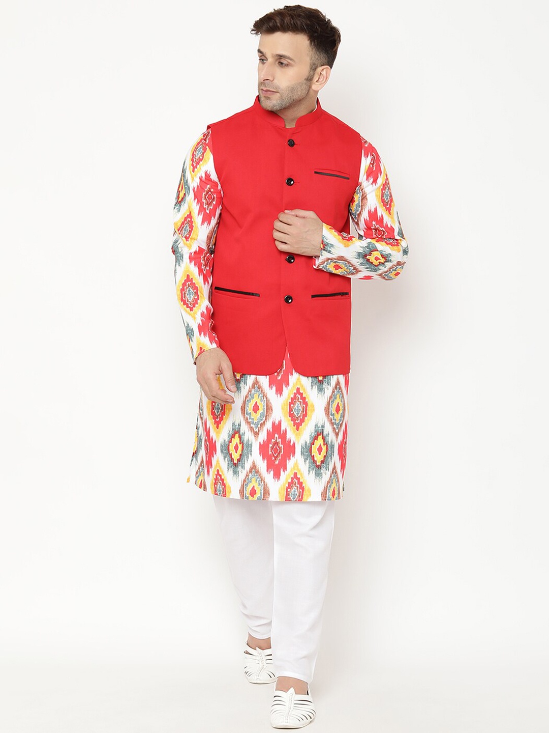 

Hangup Men Printed Kurta with Pyjamas & With Jacket, White